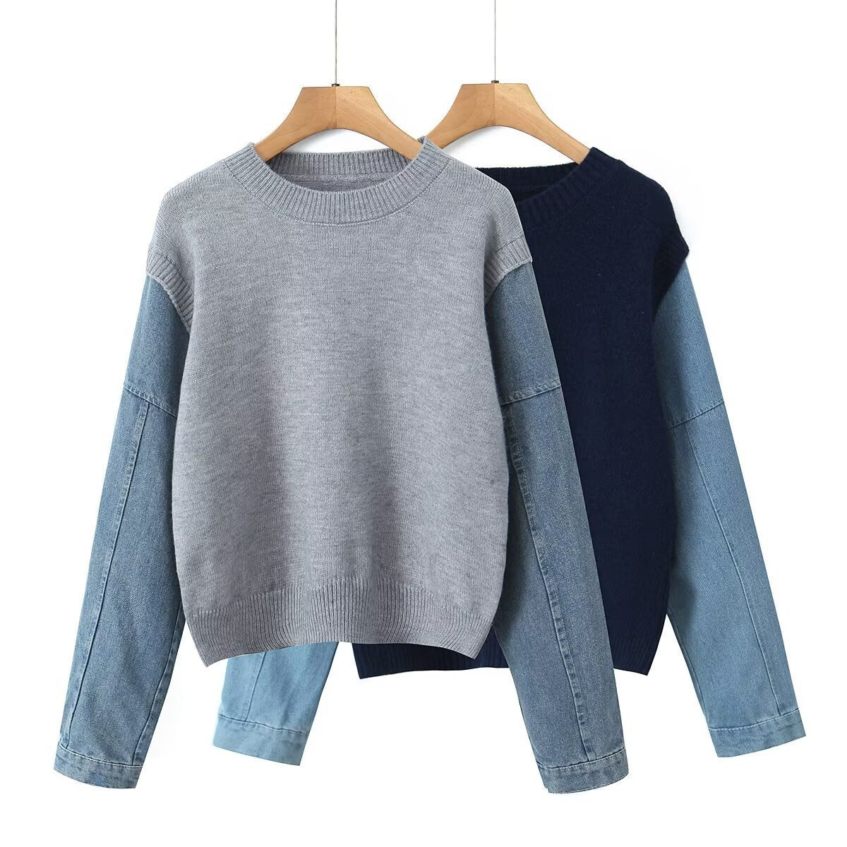 Veste en jean femme - Manches patchwork tricot, col rond - Style unique, look ample décontracté - Denim et laine, détails précieux | ATELIER GARDE