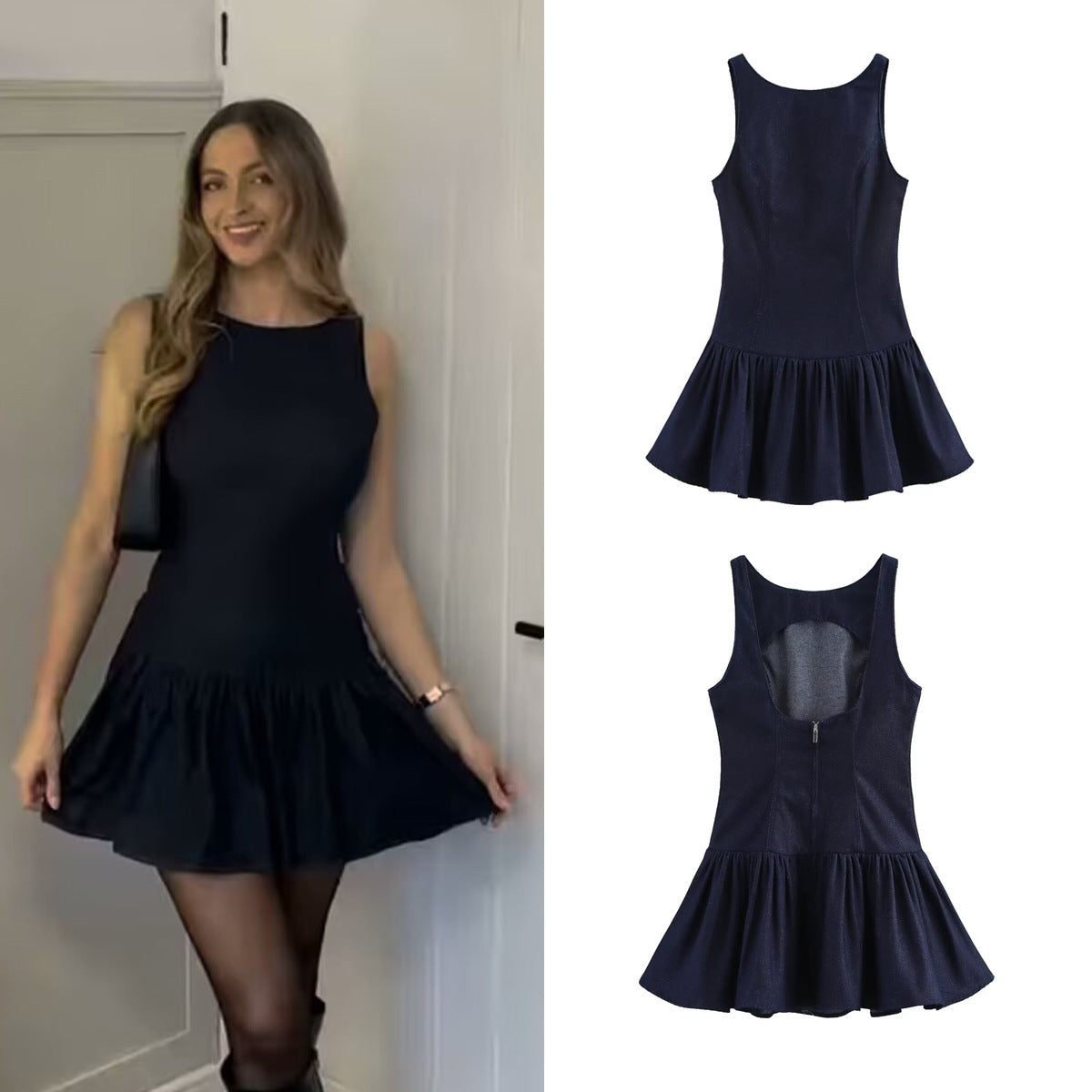 Robe gilet femme - Jean, col rond, sans manches plissée - Coupe courte, style estival unique - Denim léger, finitions soignées | ATELIER GARDE