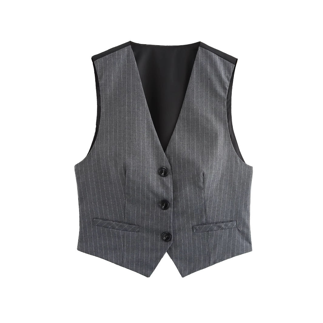 Gilet sans manche femme - Rayures, col V, boutons chic - Coupe ajustée, style marin élégant - Lin et cotton, détails nacrés | ATELIER GARDE