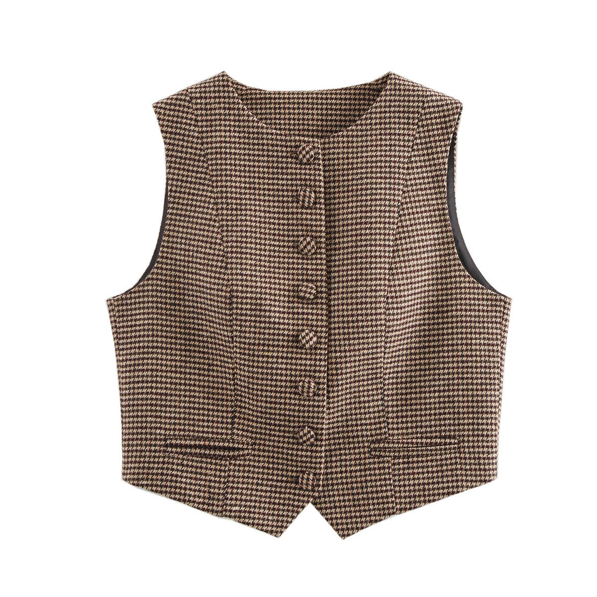 Gilet sans manche femme - Pied-de-poule, col rond, boutons - Coupe ajustée, style classique chic - Laine et coton, détails précieux | ATELIER GARDE