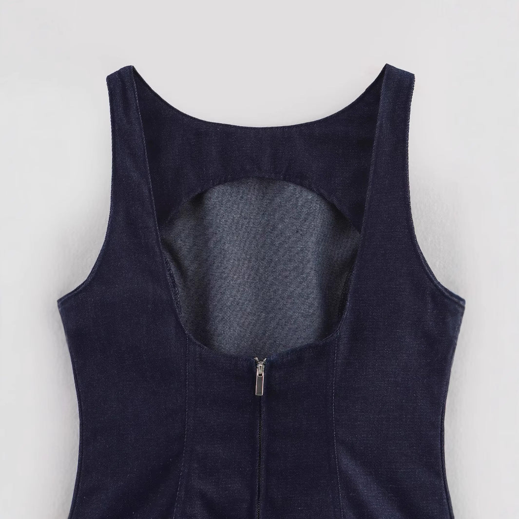Robe gilet femme - Jean, col rond, sans manches plissée - Coupe courte, style estival unique - Denim léger, finitions soignées | ATELIER GARDE